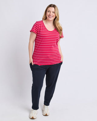Elm Tee S/s Pima Vee - Dark Pink & White Stripe | Pink Poppies
