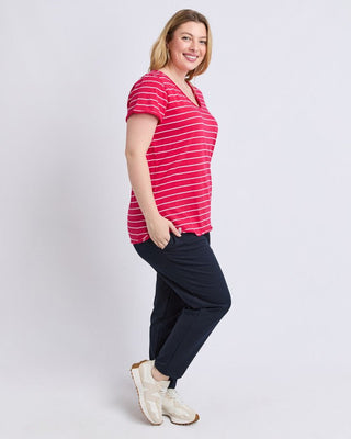 Elm Tee S/s Pima Vee - Dark Pink & White Stripe | Pink Poppies