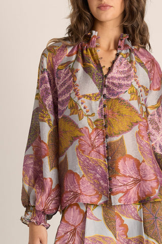 Fate & Becker Daria Shirred Blouse - Leaf Print | Pink Poppies