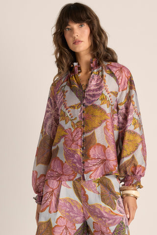 Fate & Becker Daria Shirred Blouse - Leaf Print | Pink Poppies