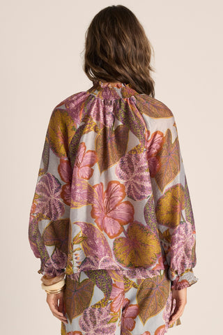 Fate & Becker Daria Shirred Blouse - Leaf Print | Pink Poppies