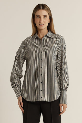 Fate & Becker Elm Balloon Sleeve Shirt - Black Stripe | Pink Poppies