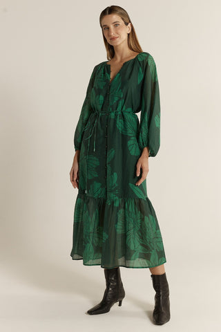 Fate & Becker Lyn Tiered Dress - Evergreen | Pink Poppies