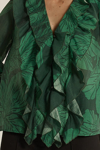 Fate & Becker Lynn Ruffle Blouse - Evergreen | Pink Poppies