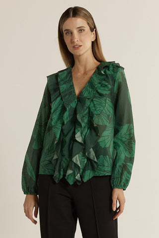 Fate & Becker Lynn Ruffle Blouse - Evergreen | Pink Poppies