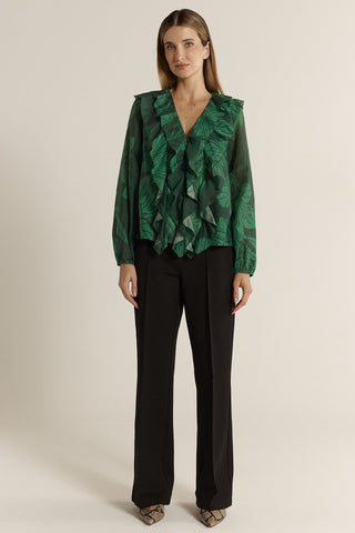 Fate & Becker Lynn Ruffle Blouse - Evergreen | Pink Poppies