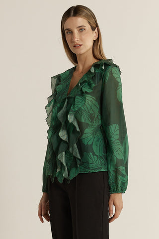 Fate & Becker Lynn Ruffle Blouse - Evergreen | Pink Poppies