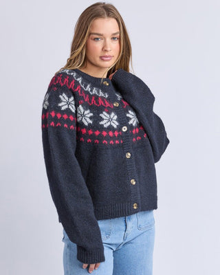 Foxwood Knit Verbier Crew - Dark Sapphire | Pink Poppies