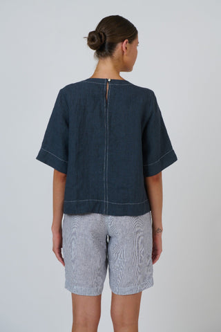 Naturals By O&j Contrast-stitch Linen Top – Gunsmoke [sz:small]