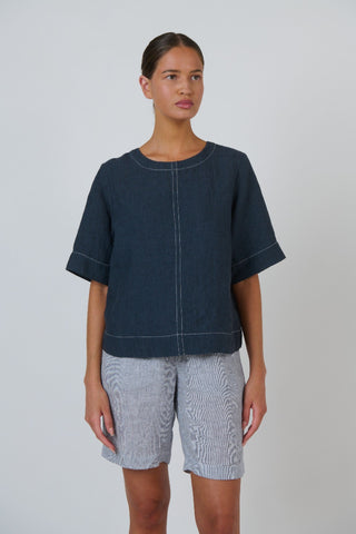 Naturals By O&j Contrast-stitch Linen Top – Gunsmoke [sz:small]