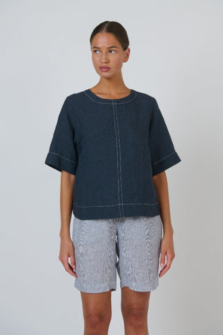 Naturals By O&j Contrast-stitch Linen Top – Gunsmoke [sz:small]