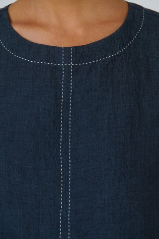 Naturals By O&j Contrast-stitch Linen Top – Gunsmoke [sz:small]