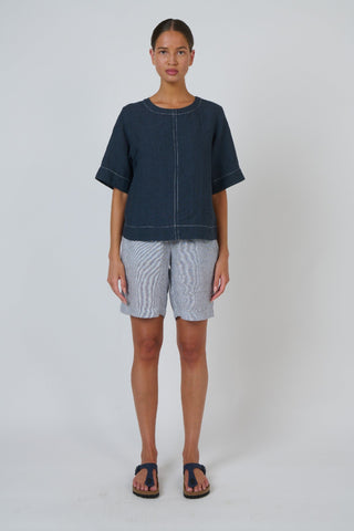 Naturals By O&j Contrast-stitch Linen Top – Gunsmoke [sz:small]
