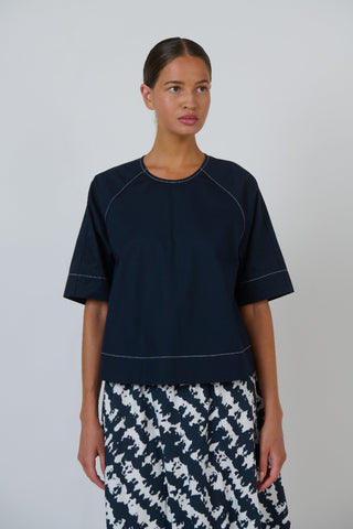 Naturals By O&j Elbow-sleeve Poplin Top – Ink [sz:small]