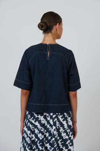 Naturals By O&j Elbow-sleeve Poplin Top – Ink [sz:small]
