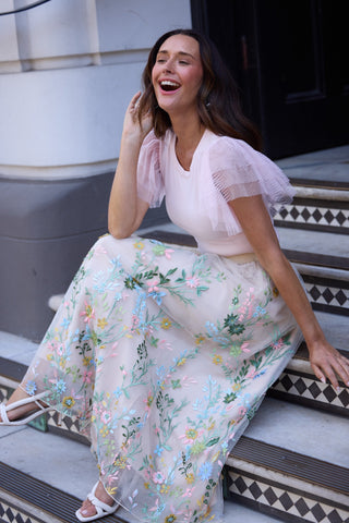 Brave & True Enchanted Embroidery Skirt styled with Chance Tee in Pink – Lesa’s event-ready staff pick at Pink Poppies