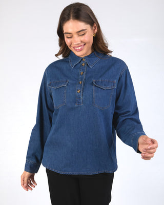 Elm Shirt Tessa Denim Half Placket - Dark Blue Wash [sz:size 10]