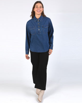 Elm Shirt Tessa Denim Half Placket - Dark Blue Wash [sz:size 10]