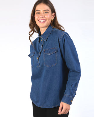 Elm Shirt Tessa Denim Half Placket - Dark Blue Wash [sz:size 10]