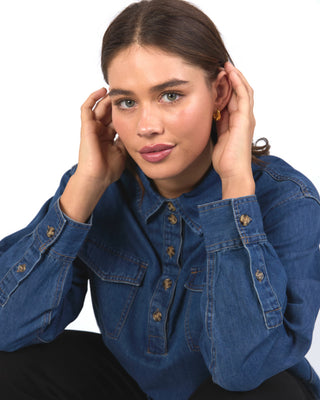 Elm Shirt Tessa Denim Half Placket - Dark Blue Wash [sz:size 10]