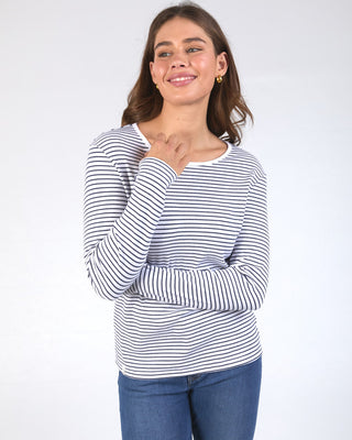 Elm Tee L/s Hayley Rib - White With Navy Stripe [sz:size 8]