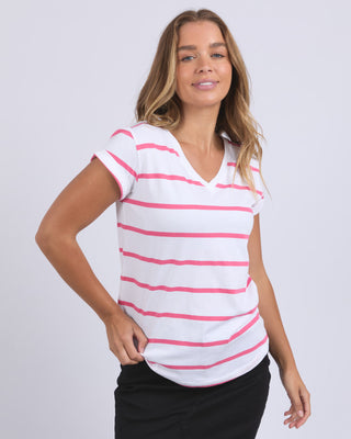 Foxwood Tee Manly Stripe Vee - Hot Pink & White [sz:size 8]