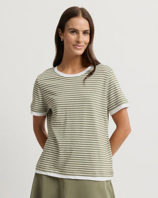 Yarra Trail Marais Tee - Moss Stripe | Pink Poppies