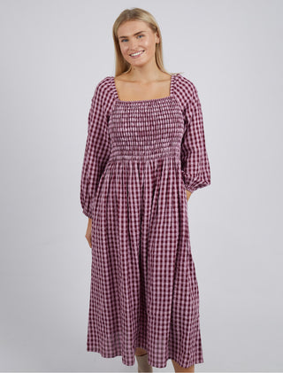 Elm Dress Pippa Check Wine - Pink Poppies 