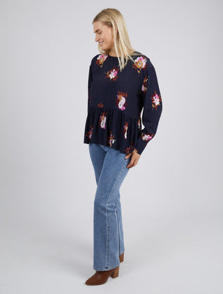 Elm Blouse Posy Floral Navy - Pink Poppies 