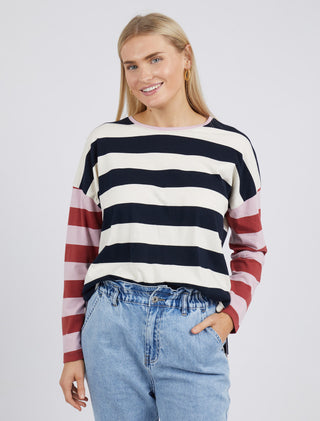 Elm Tee Jetta L/s Stripe Navy - Pink Poppies 