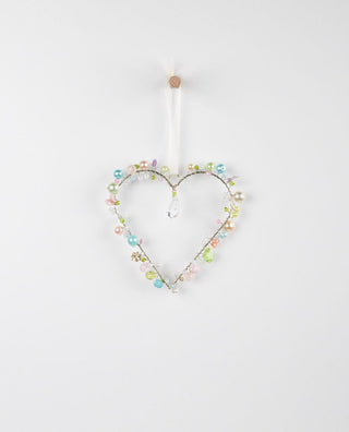 Storybook Hanging Beaded Heart 10cm - Pink Poppies 