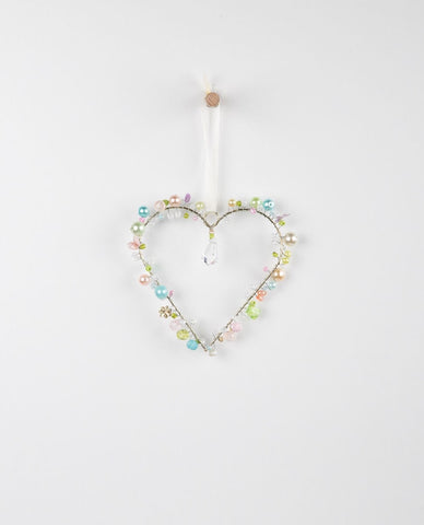Storybook Hanging Beaded Heart 10cm - Pink Poppies 